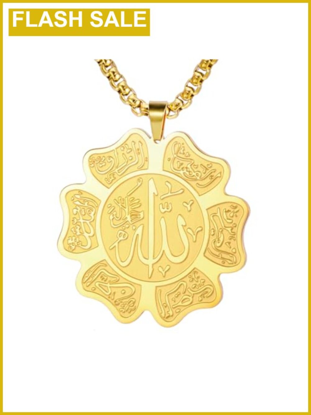 Stainless Steel Allah Arabic Petal Pendant Necklace Religious Jewelry